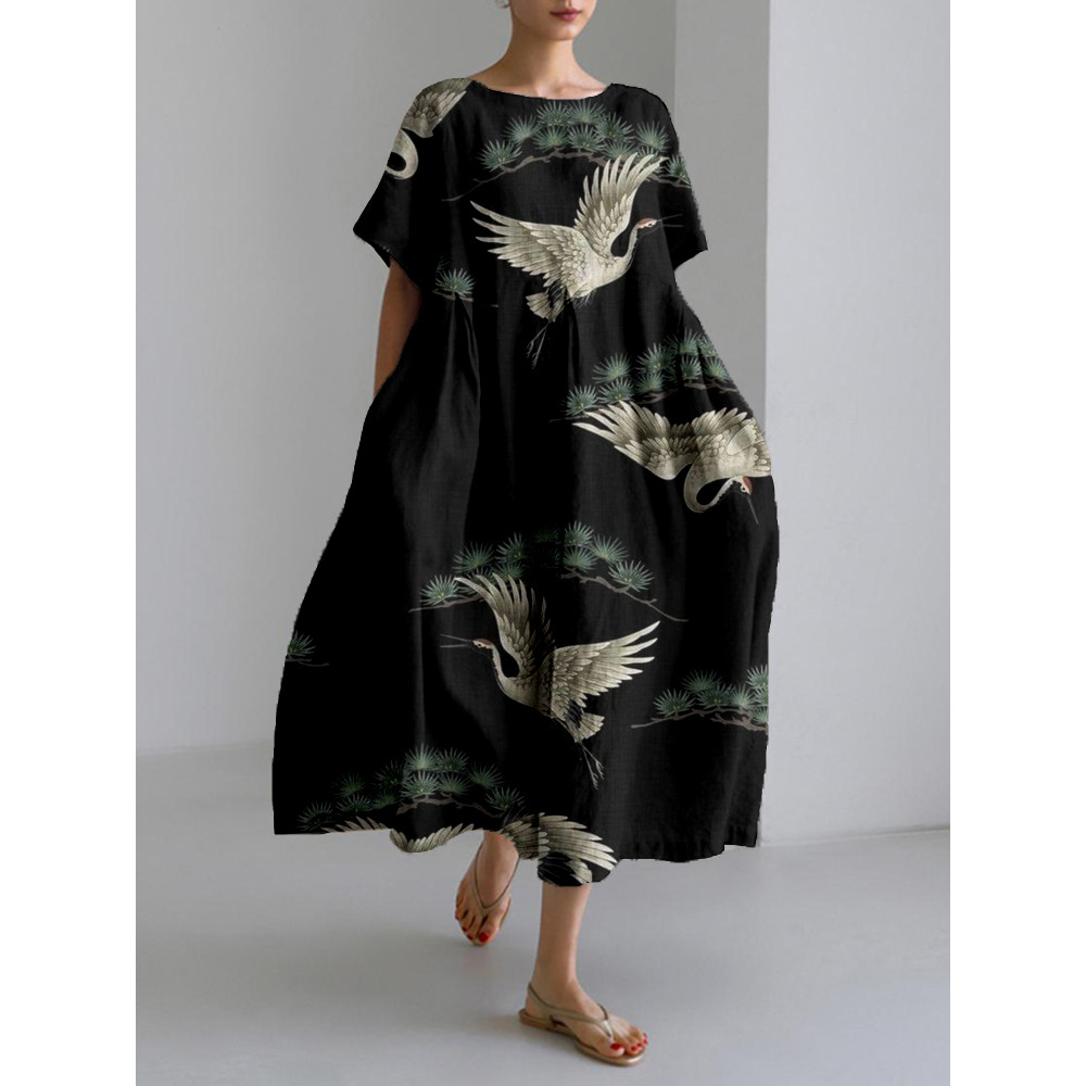 Japanese Cranes & Pine Art Linen Blend Midi Dress