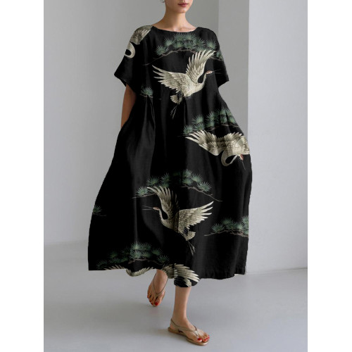 Japanese Cranes & Pine Art Linen Blend Midi Dress
