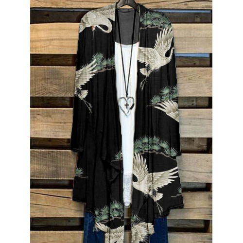 Japanese Cranes & Pine Art Pattern Flowy Cardigan