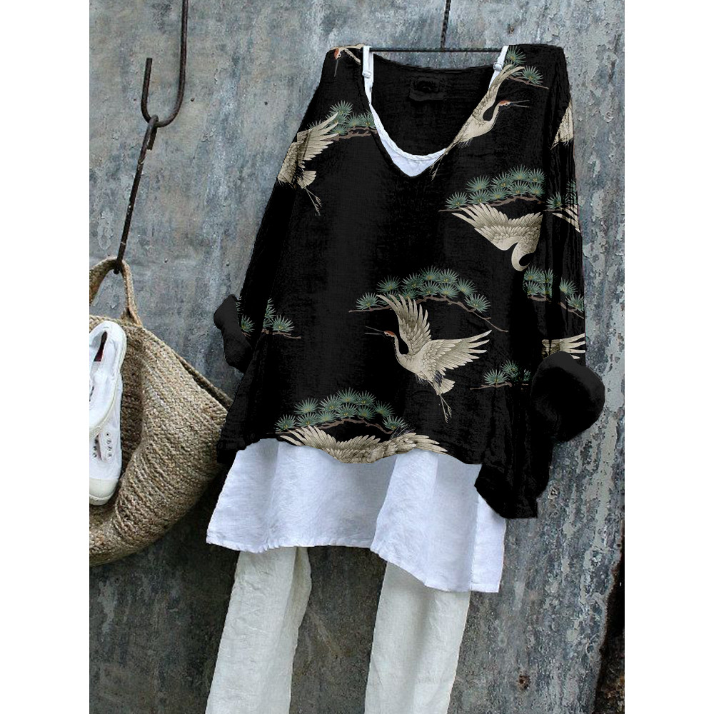 Japanese Cranes & Pine Art Pattern Flowy Tunic