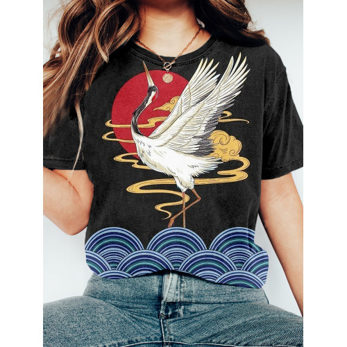 Japanese Cranes & Red Sun Art Vintage T Shirt