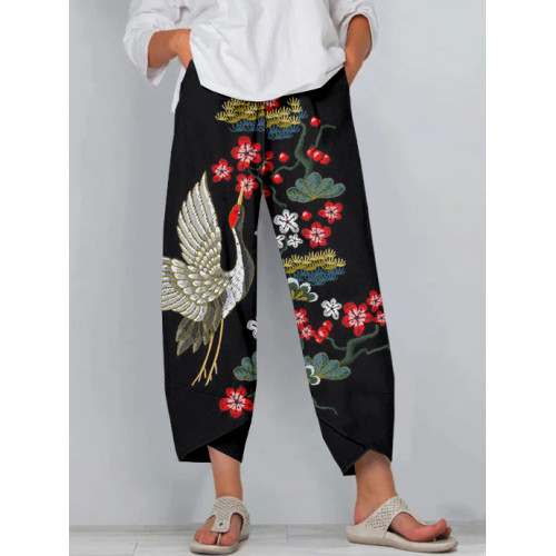 Japanese Cranes with Flowers Embroidered Cropped Casual Pants
