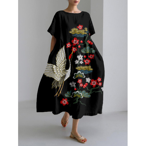 Japanese Cranes with Flowers Embroidered Maxi Dress