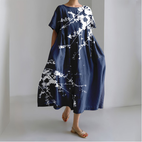 Japanese Cyanotype With Cherry Blossoms Art Linen Blend Casual Dress