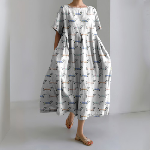 Japanese Dachshund Embroidery Art Pattern Linen Blend Dress