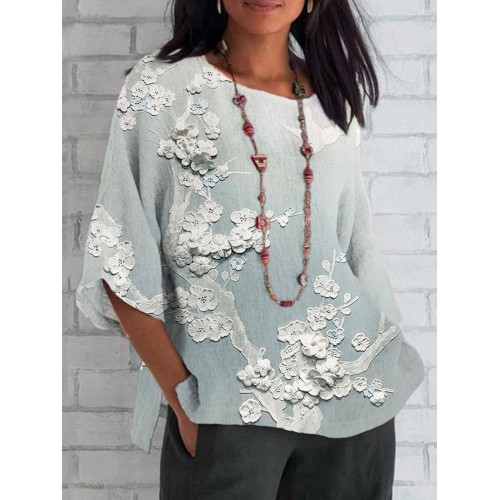 Japanese Embossed Floral Cotton and Linen T-Shirt