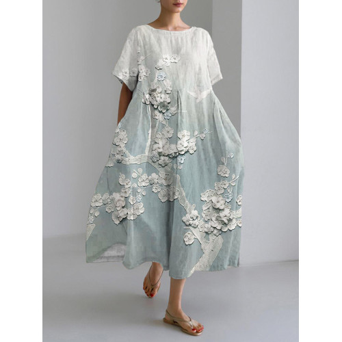 Japanese Embossed Floral Linen Blend Maxi Dress