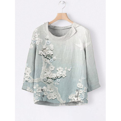 Japanese Embossed Floral Linen Lapel Shirt