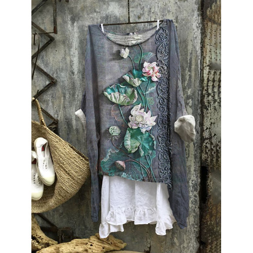 Japanese Embossed Lotus Flower Linen Blend Tunic