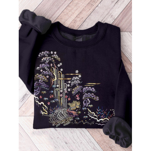Japanese Embroidery Art Crew Neck Comfy Sweatshirt