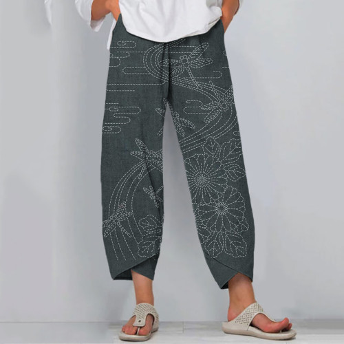 Japanese Embroidery Art Cropped Casual Pants