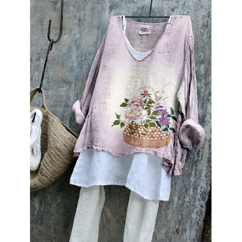 Japanese Embroidery Flower Linen Blend Flowy Tunic