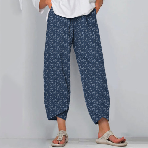 Japanese Embroidery Flowers Art Cropped Casual Pants