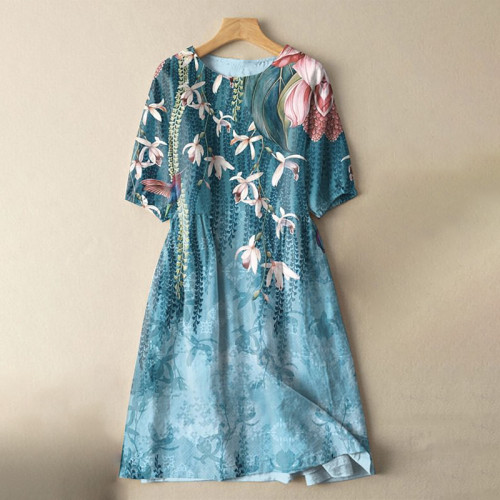 Japanese Falling Flowers Spring Art Print Cotton Linen Blend Midi Dress