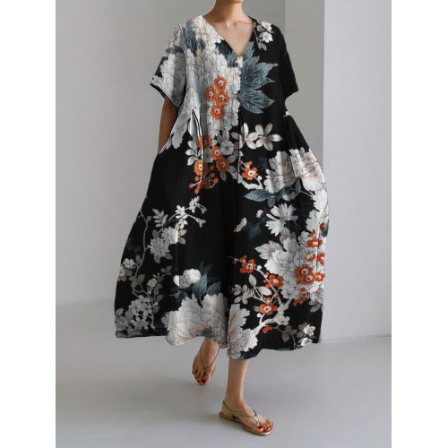 Japanese Floral Art Linen Blend Maxi Dress