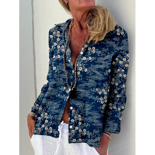 Japanese Floral Art Pattern Linen Blend Cozy Blouse