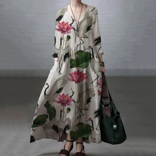 Japanese Floral Art Vintage Long Sleeve V-neck Midi Dress