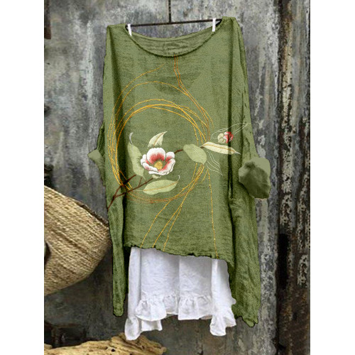 Japanese Floral Embroidered Linen Blend Tunic