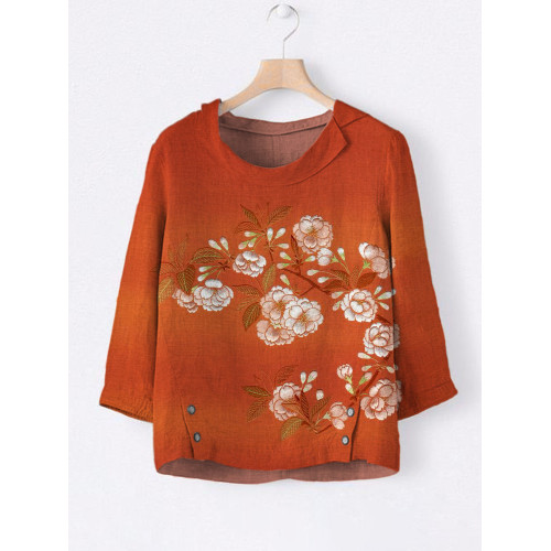 Japanese Floral Embroidery Linen Lapel Shirt