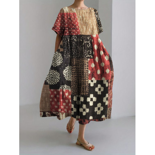 Japanese Floral Fiber Patchwork Linen Blend Maxi Dress