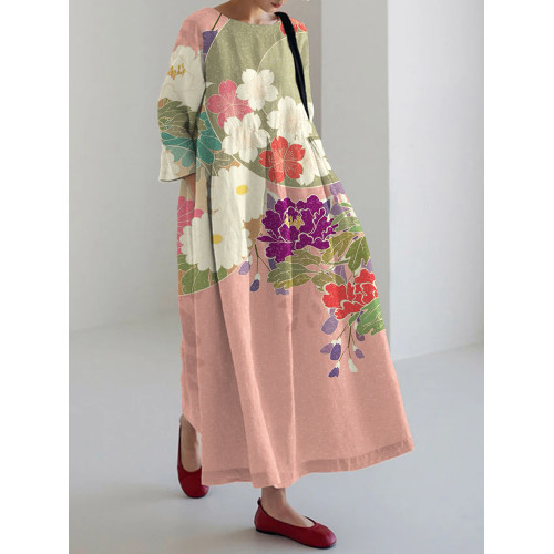 Japanese Floral Pattern Linen Blend Cozy Maxi Dress