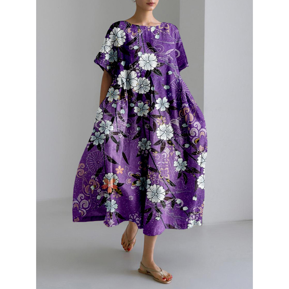Japanese Floral Pattern Linen Blend Maxi Dress