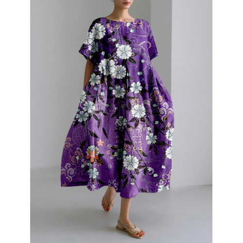 Japanese Floral Pattern Linen Blend Maxi Dress