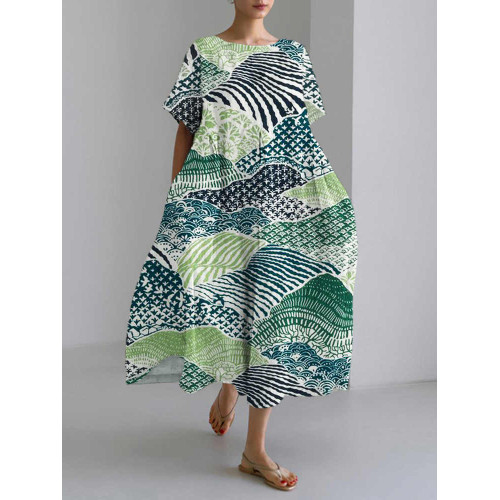 Japanese Floral Pattern Short Sleeve Midi Dress