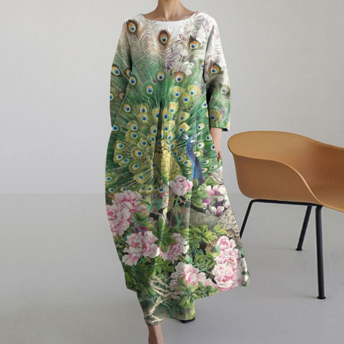 Japanese Floral Peacock Art Vintage Long Sleeve Midi Dress