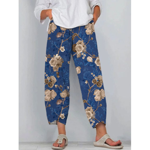 Japanese Floral Print Linen Casual Pants