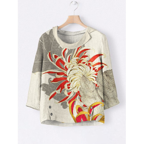 Japanese Floral Print Linen Ladies Lapel Shirt