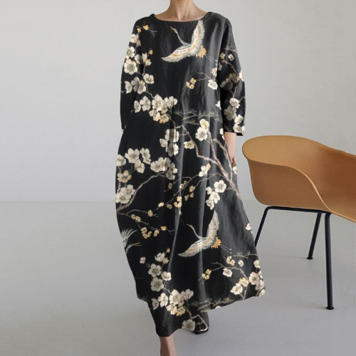 Japanese Floral Round Neck Long Sleeve Midi Dress