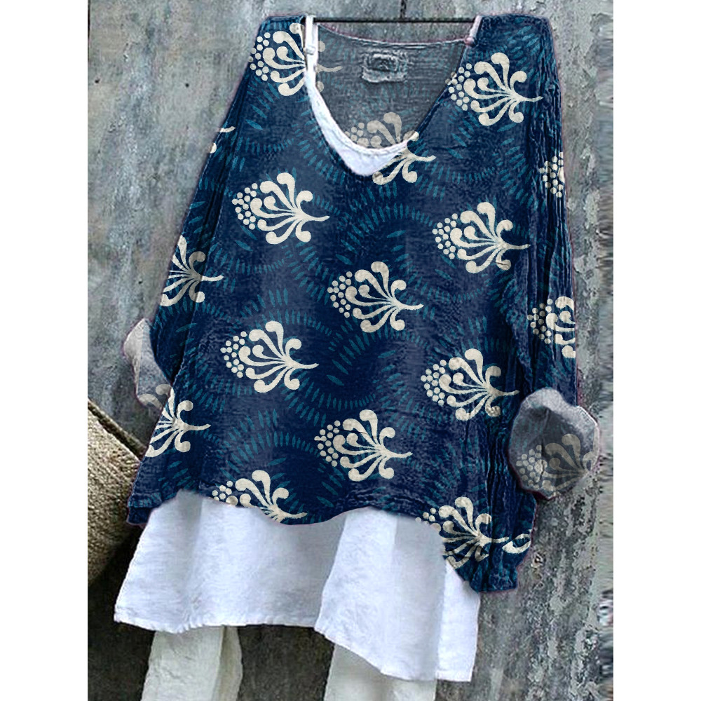 Japanese Floral Tie-Dye Art Linen Blend Shirt
