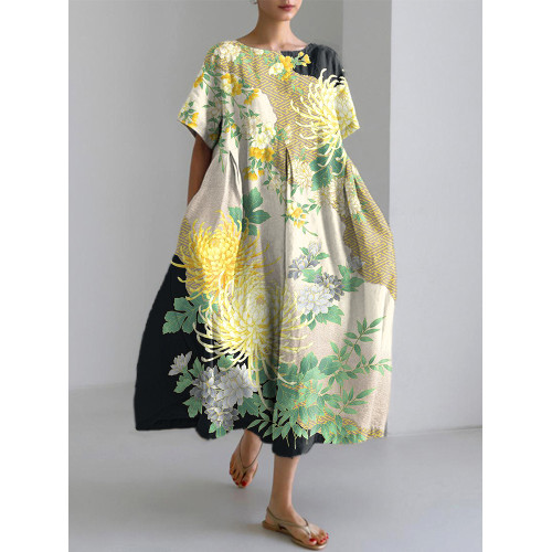 Japanese Floral Traditional Pattern Print Linen Blend Dress
