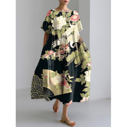 Japanese Floral Traditional Pattern Print Linen Blend Dress