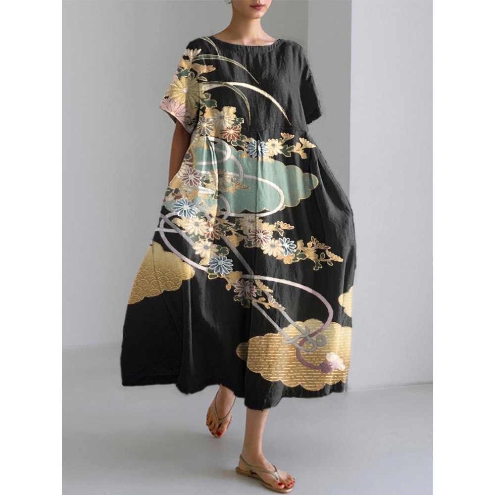 Japanese Floral Traditional Pattern Print Linen Blend Dress