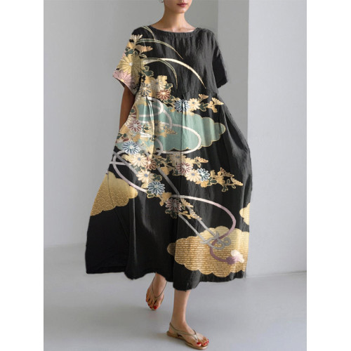 Japanese Floral Traditional Pattern Print Linen Blend Dress