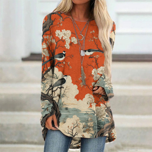 Japanese Flower And Bird Painting Art Print Long Sleeved Tunic