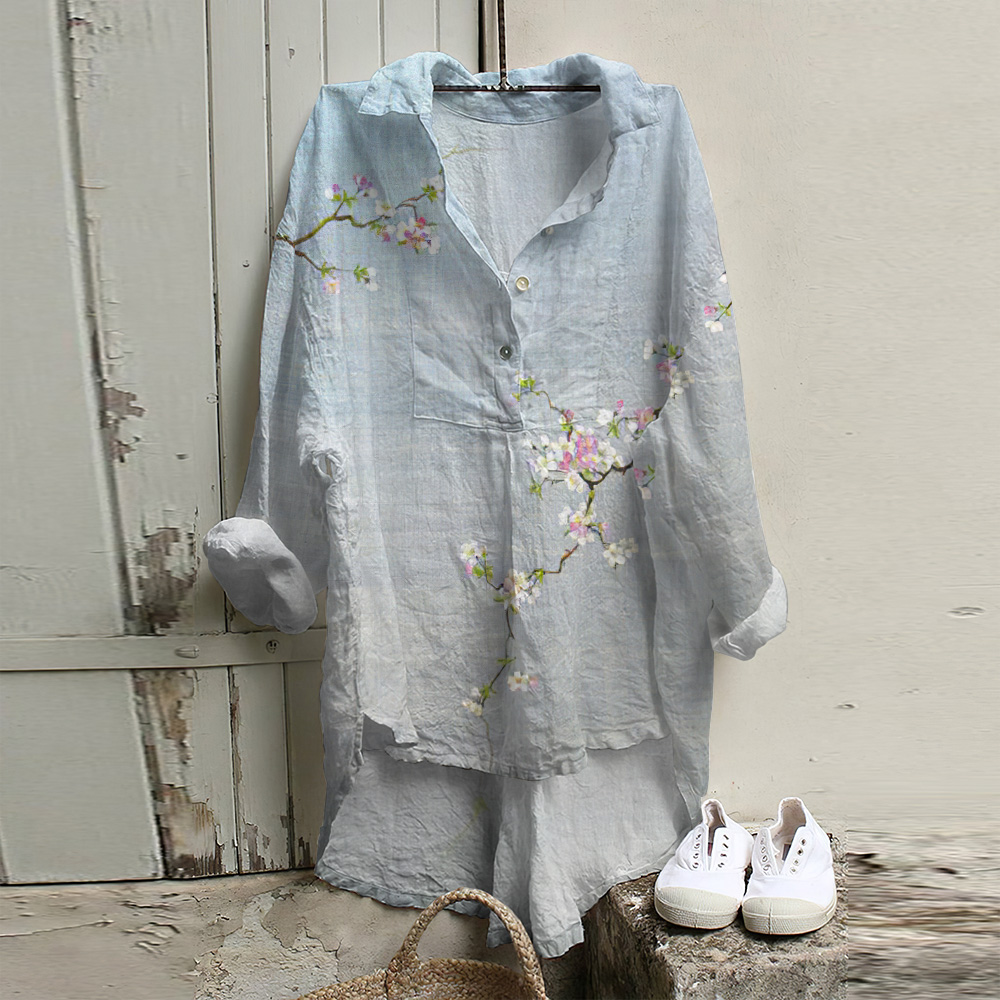 Japanese Flower Art Print Long Sleeve Casual Shirt