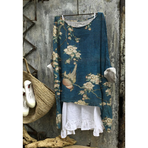 Japanese Flower Bird Print Linen Loose Long Shirt