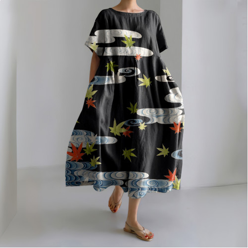 Japanese Flower Printed Linen Blend Maxi Dress