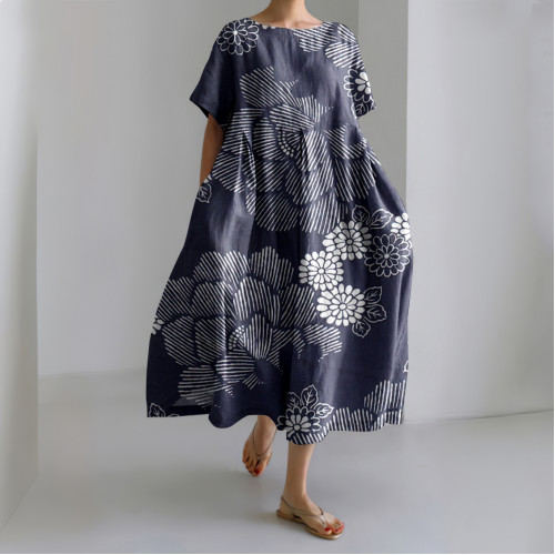 Japanese Flower Printed Linen Blend Maxi Dress