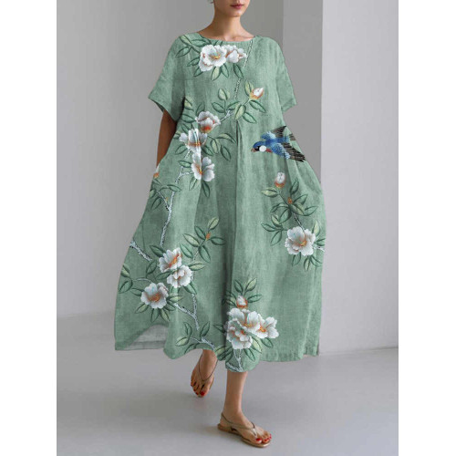 Japanese Flower & Bird Pattern Short Sleeve Midi Dress