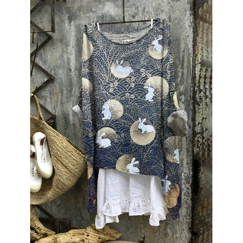 Japanese Flower & Bunny Linen Blend Tunic