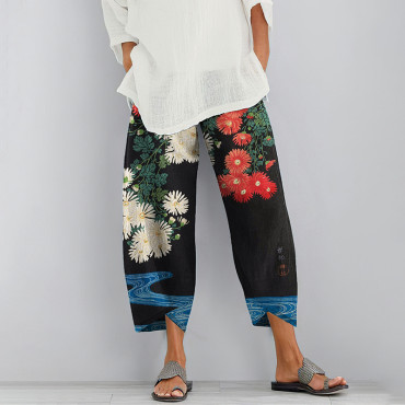 Japanese Flowers Art Cropped Casual Pants