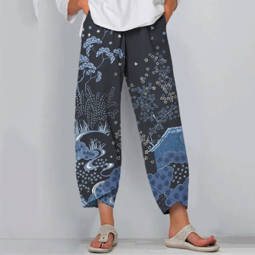 Japanese Flowers Art Cropped Casual Pants