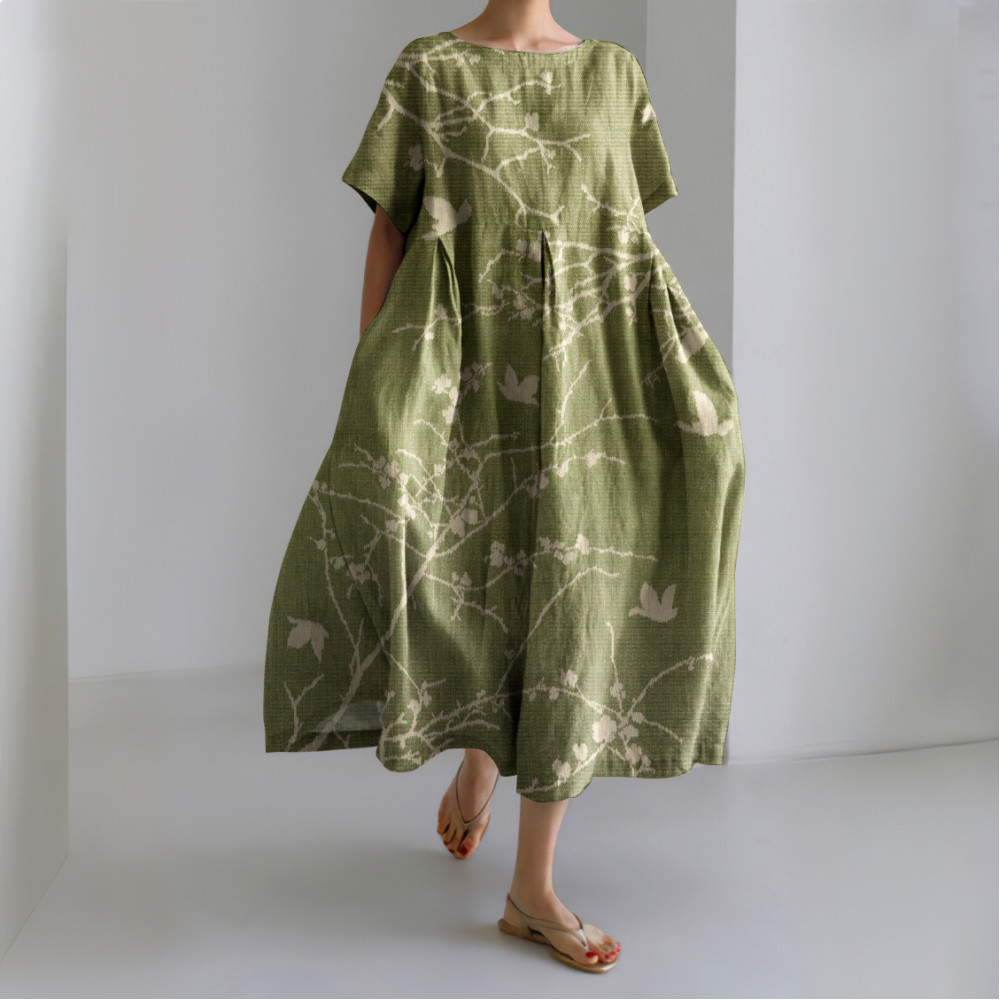 Japanese Flowers Art Linen Blend Casual Dress