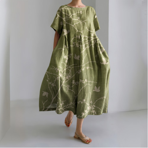 Japanese Flowers Art Linen Blend Casual Dress