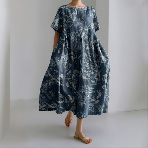 Japanese Flowers Art Linen Blend Casual Dress