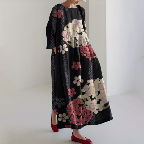 Japanese Flowers Art Linen Blend Long Sleeve Maxi Dress